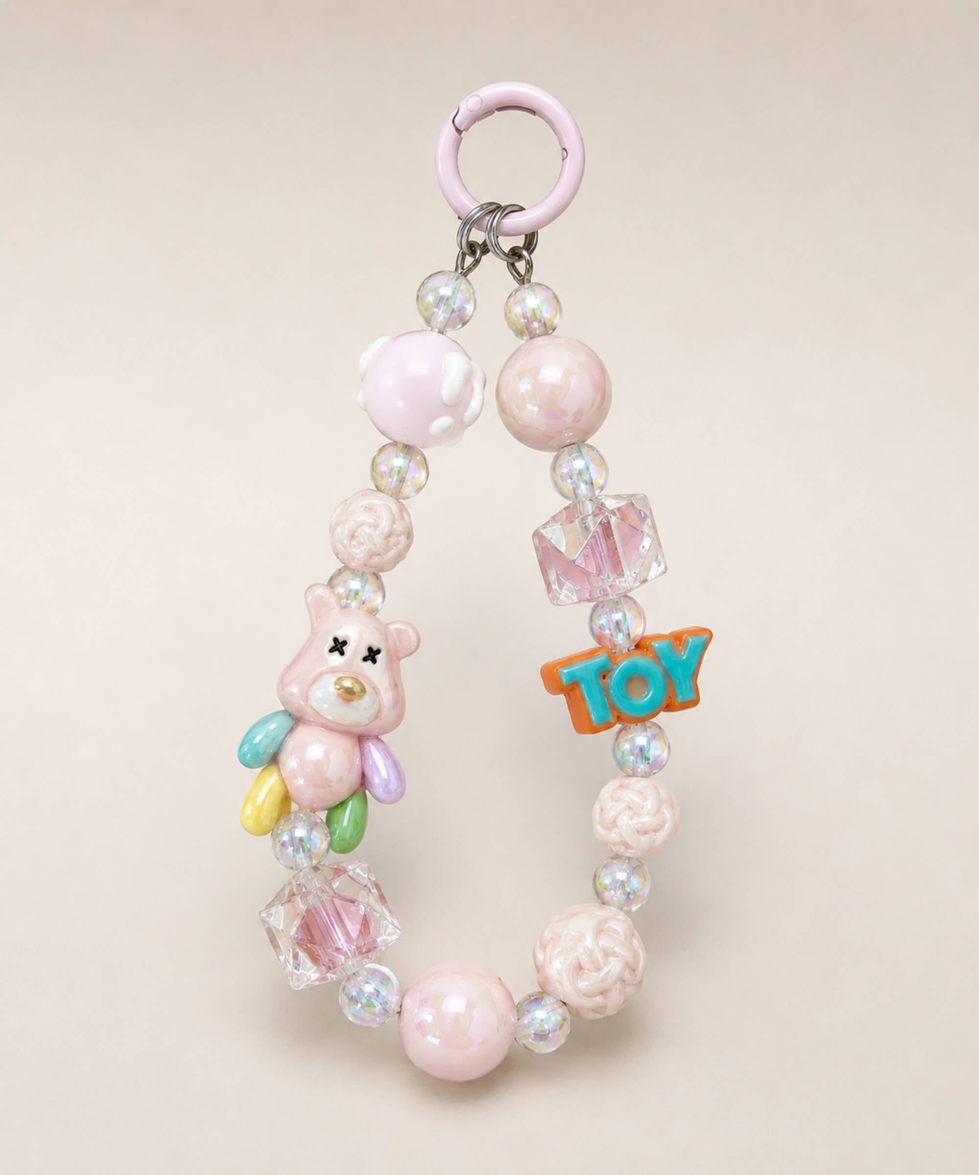 Pink bear beaded keychain with glossy beads, TOY charm and pastel details